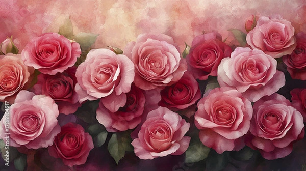Fototapeta Loose watercolor roses in shades of pink arranged asymmetrically with green leaves create soft romantic floral background full of delicate beauty and gentle charm