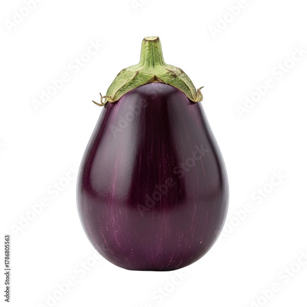 Obraz One Single Fresh Purple Eggplant with Green Stem Isolated on Black Background Studio Shot Glossy Texture