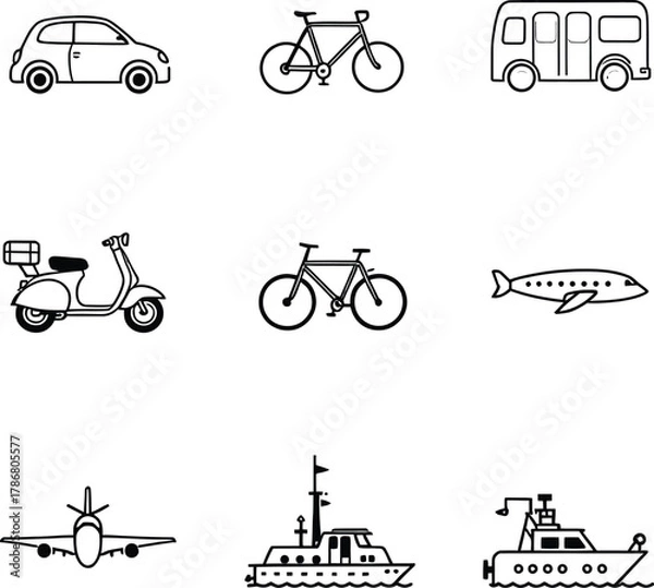 Fototapeta Various modes of transport depicted as simple black and white vector line art on a white background