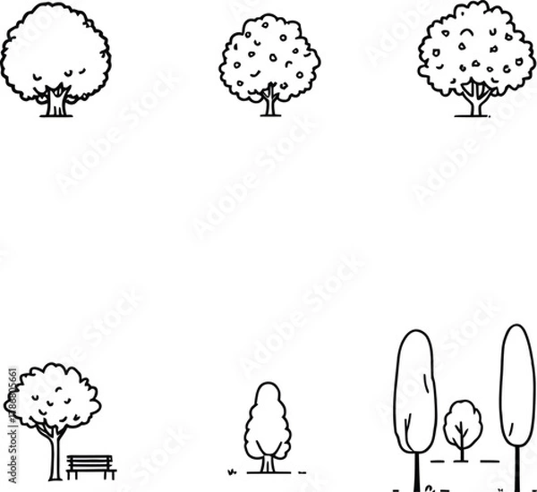 Fototapeta A collection of simple line drawings depicting various tree shapes and park elements on a white background