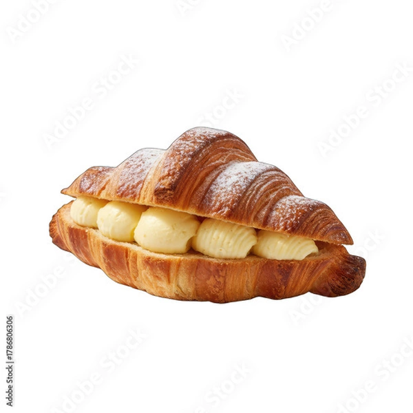 Fototapeta Golden Brown Croissant Filled With Creamy Vanilla Filling Dusted With Powdered Sugar Isolated On Black Background Food Photography Dessert Lighting