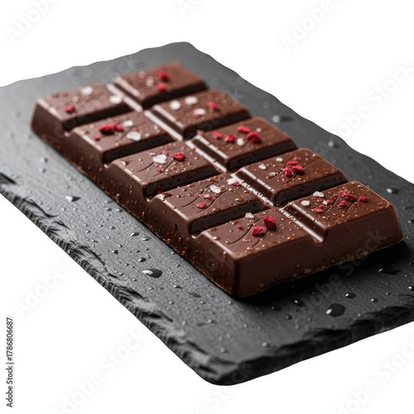 Fototapeta Gourmet Dark Chocolate Bar with Sea Salt and Freeze-Dried Raspberries on a Dark Slate Surface with Reflective Shadows