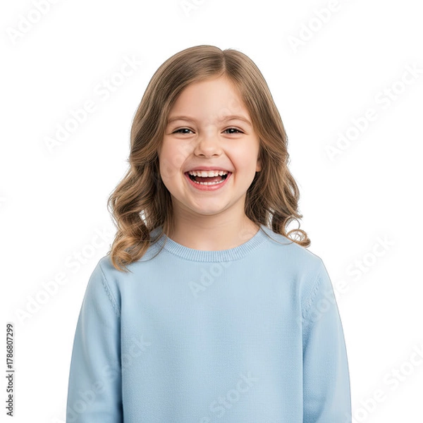 Obraz Joyful young girl with curly brown hair wearing a light blue sweater smiles brightly with an open mouth showing happiness and excitement isolated on a transparent background