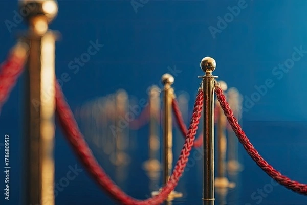 Obraz Red Rope Barrier With Golden Posts On A Blue Background