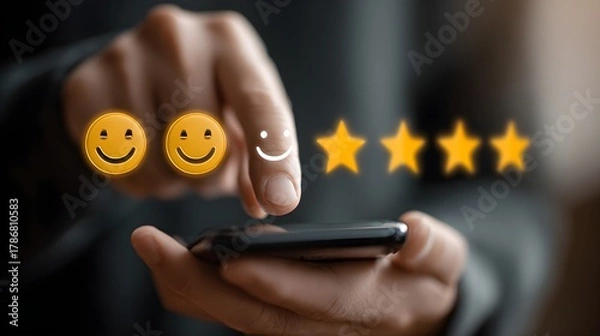 Obraz User touching smartphone screen with happy face icon, rating service quality with 5 stars. Visual representation of customer feedback survey, mobile app experience, and reputation review concept jpg