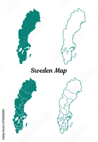 Obraz Sweden Maps Teal Outline Isolated on White Background