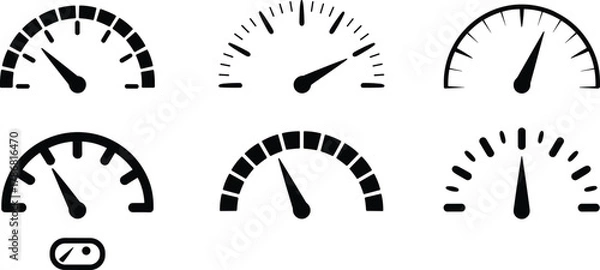 Obraz Gauge icons, speedometer symbols, measurement graphics, dashboard UI elements, black silhouette set, needle indicators, control panel visuals