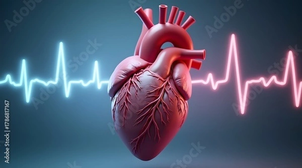Fototapeta The anatomy of the human heart, with its structure depending on the clear texture of the muscles and visible arteries.