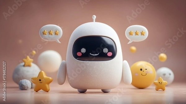 Obraz Virtual AI assistant chatbot with smiling face on screen, surrounded by feedback icons and rating stars, cartoon plastic 3D style, isolated on light background jpg