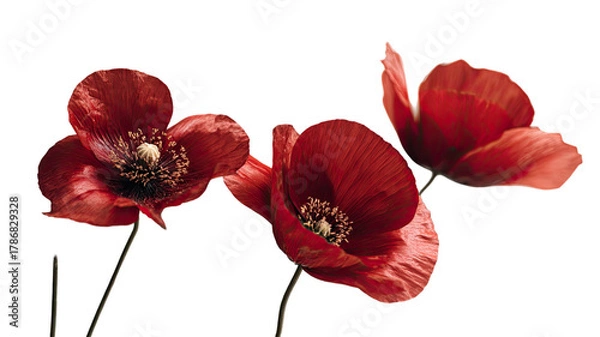 Fototapeta Red poppies flowers with delicate petals and vibrant color isolated on white background for floral photography and decoration