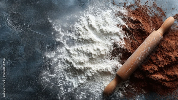 Fototapeta Baking flat lay with flour, cocoa powder, and rolling pin on dark background.This image symbolizes homemade baking, cooking, pastry, chocolate, and is a perfect background with copy space.