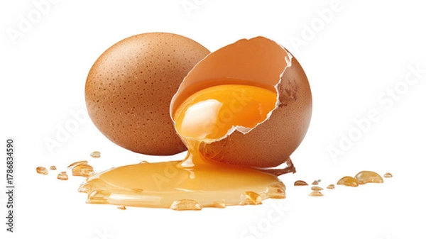 Fototapeta Broken egg with bright yellow yolk spilling out showing fresh texture and raw ingredient isolated on white background