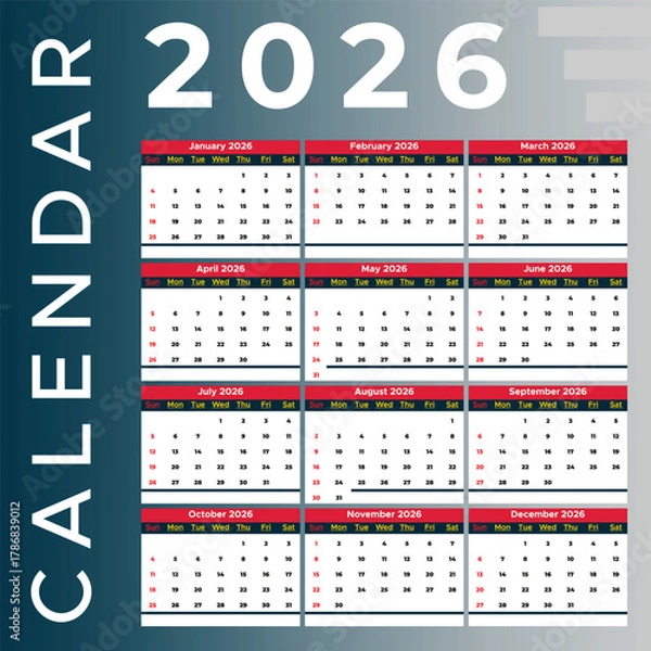 Fototapeta New 2026 yearly calendar planner vector template for year, month, date and day schedule