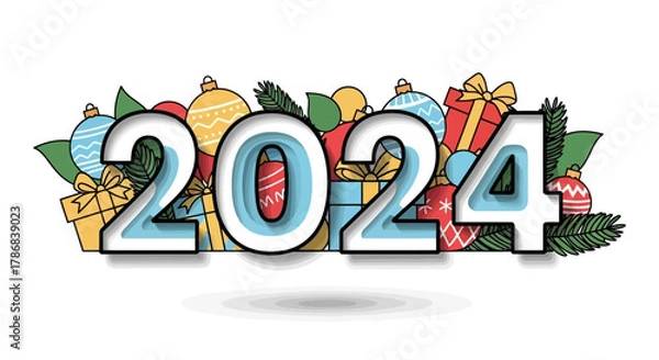 Obraz Festive 2024 New Year Celebration with Colorful Gifts and Ornaments