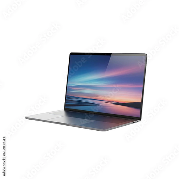 Fototapeta Modern Silver Laptop Displaying A Vibrant Sunset Landscape On Screen Isolated On Transparent Black Background With Subtle Reflections Of The Sky On The Screen