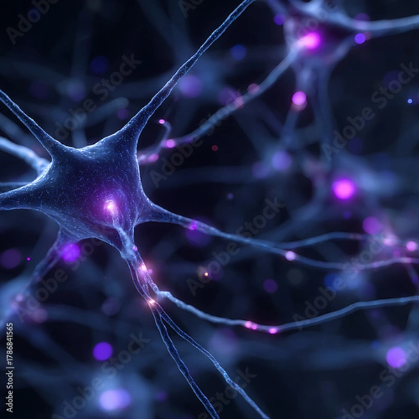 Fototapeta Neural Network Connections with Glowing Synapses in Dark Background