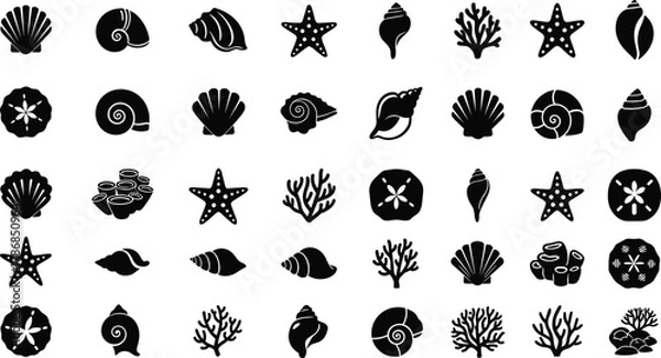 Fototapeta Sea shell silhouettes, marine life vector icons, starfish coral and seashell collection, ocean nature elements, tropical beach illustration set, underwater design bundle