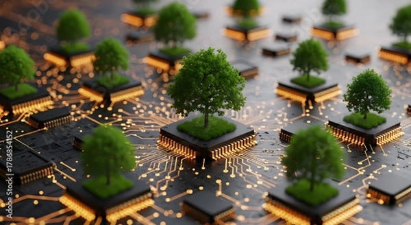 Fototapeta Explore the future where technology and nature merge seamlessly in this captivating circuit board forest, showcasing innovation and sustainable growth in a digital ecosystem.