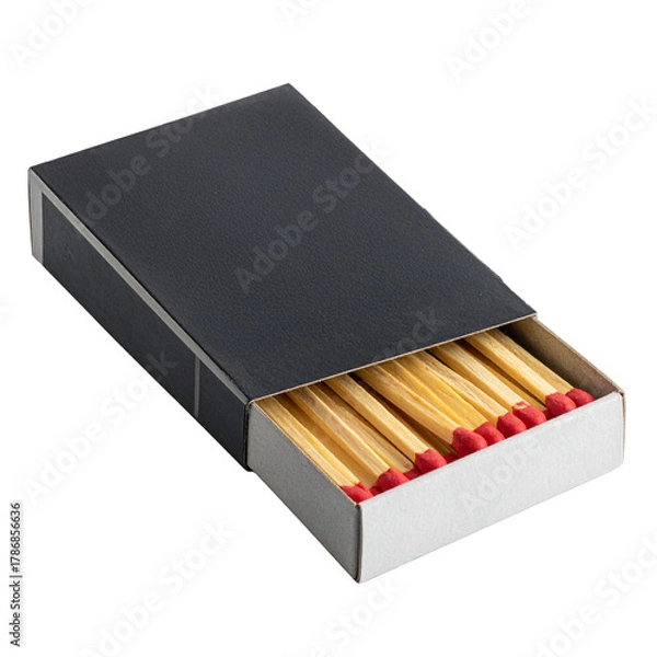 Obraz Open black matchbox with wooden matches showing red tips Isolated on transparent or white, Cut out