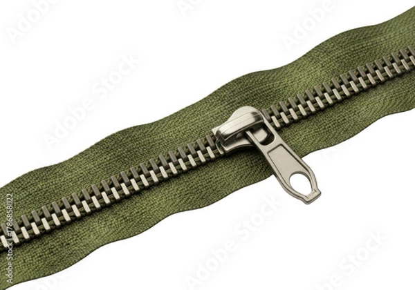 Fototapeta Close up of a green fabric zipper with metal teeth and pull tab isolated on transparent background