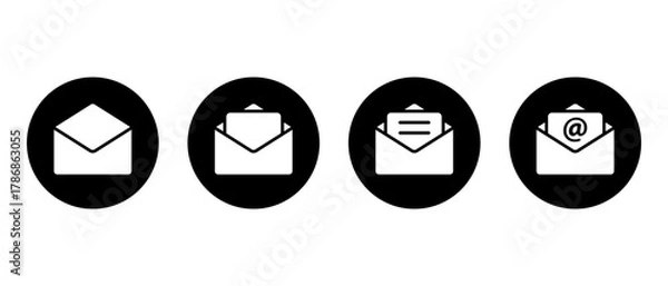 Fototapeta Email envelope icon set in black circle. Open mail with letter and mention symbol