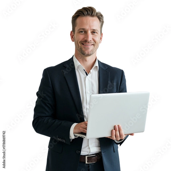 Fototapeta Smiling businessman wearing glasses and a suit holding a laptop computer isolated on transparent background