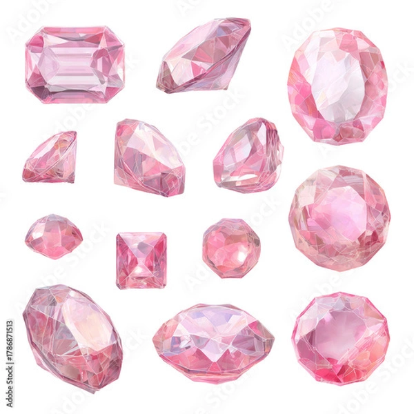 Fototapeta Shiny pink gems, various cuts, against a black background