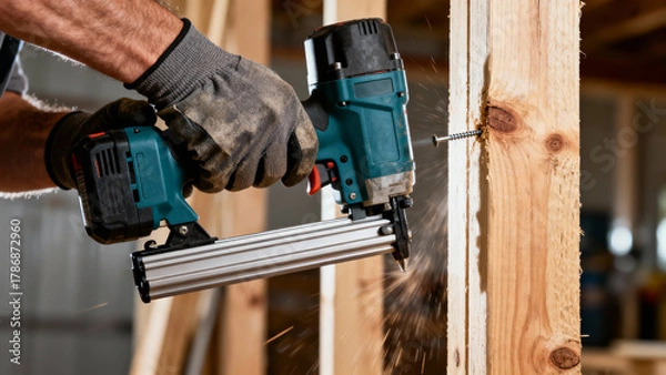 Fototapeta Powerful gloved hands bracing cordless nail gun against wooden stud with slight jerk from powerful impact and instantly embedded nail in wood.