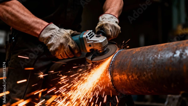 Obraz Strong arms and hands in protective gloves cutting large steel pipe with angle grinder with powerful shower of bright orange sparks flying towards ground and illuminating hands and tool.