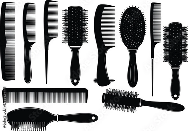 Obraz Collection of combs and hairbrushes in silhouette style for hair grooming, styling, detangling, smoothing, curling, and volumizing tools