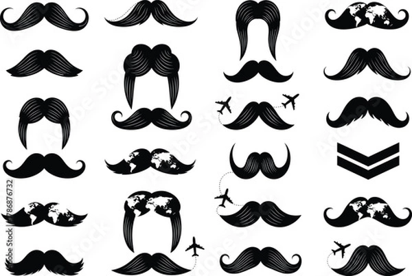 Obraz Collection of creative mustache vector silhouettes with travel, airplane, and world map themes for barbershop, men fashion, and design concepts