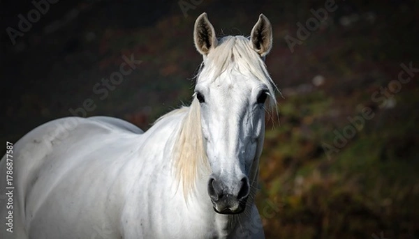 Fototapeta Elegant White Horse Portrait - A Study in Equine Beauty and Grace.