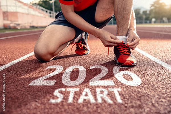 Fototapeta Hands of man tying laces running shoes prepares for 2026 goals.