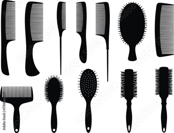 Obraz Set of black silhouette combs and brushes for hair styling, grooming, barber tools, beauty salon, vector design and haircare themes
