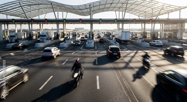 Obraz Vehicles passing through a toll booth on a highway, with blurred motion effect.