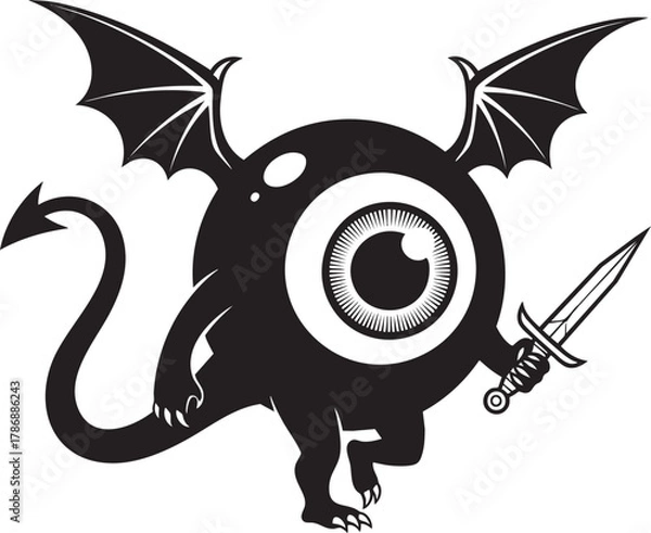 Fototapeta Monochromatic oneeyed monster with bat wings an arrow tail and a dagger.
