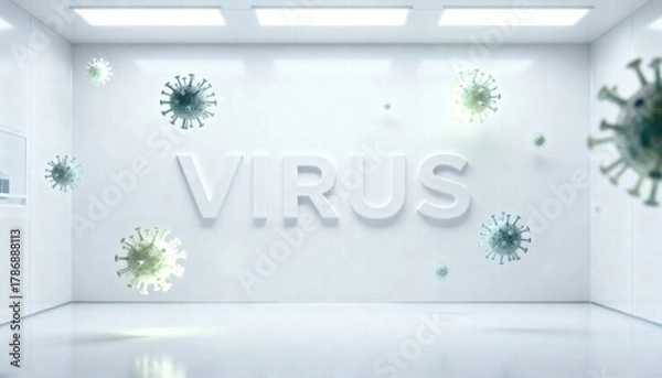 Obraz A sterile, white room with the word "VIRUS" and floating virus particles.