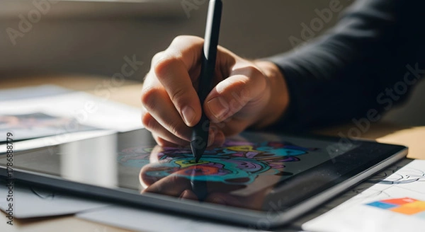 Fototapeta Close-Up of Hand Drawing with Digital Pen on Tablet