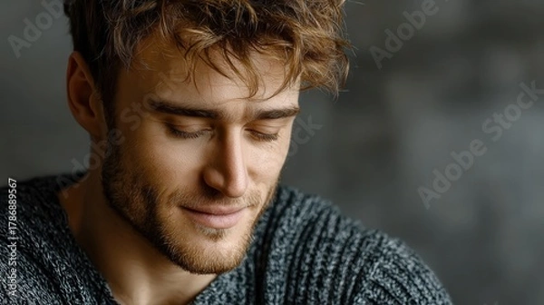Obraz Peaceful young man meditating with closed eyes in soft morning light, calm atmosphere, relaxed pose, light grey background, warm serene mood.
