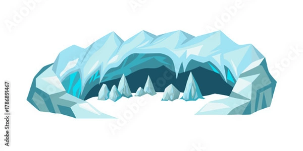 Fototapeta Illustration of an ice cave with icicles hanging from the ceiling, the cave is blue and white, and the icicles are sharp and pointy