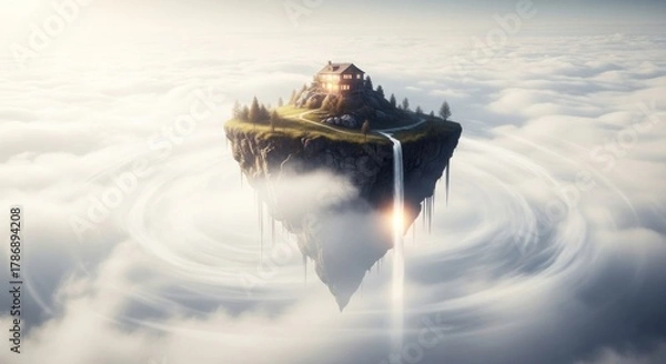 Obraz Floating Island in the Clouds with Waterfall and Lush Greenery.