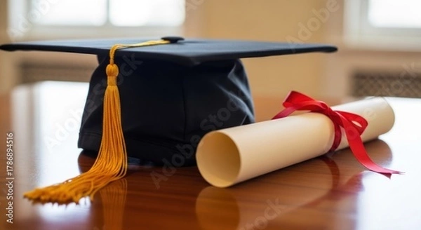 Fototapeta Graduation Cap and Diploma on Wooden Table.