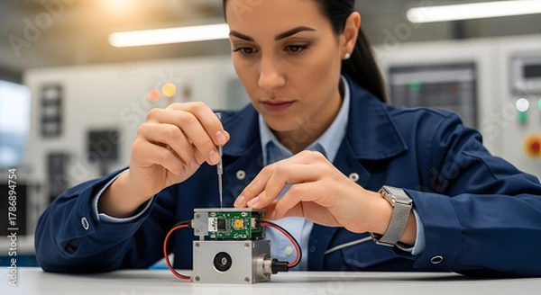 Fototapeta Female Engineer Adjusting Sensor Device Close-Up