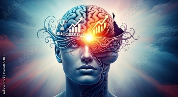 Obraz Human Brain with Glowing Light and Business Graph.