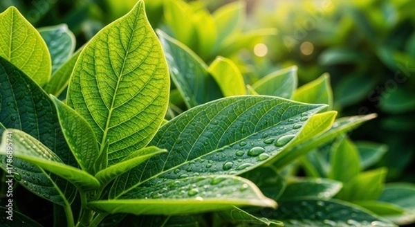 Obraz Lush Green Leaves with Water Droplets in Sunlight.