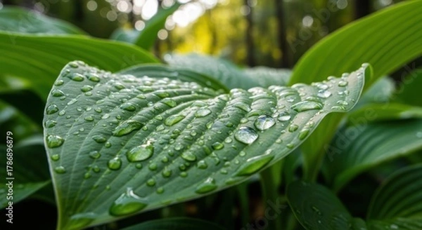 Obraz Raindrops on a Green Leaf in a Garden.
