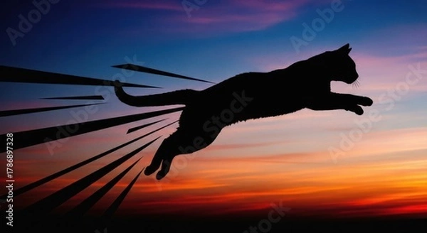 Obraz Silhouette of a cat jumping against a vibrant sunset sky with motion blur.
