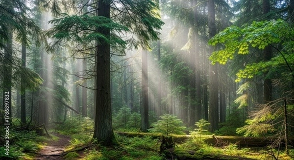 Obraz Sunlight filtering through a dense forest with tall trees and lush greenery.