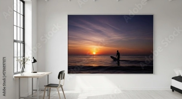 Obraz Surfer Silhouette at Sunset on Ocean Beach.