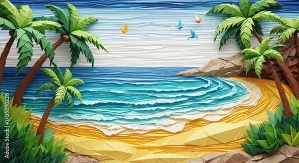 Obraz Tropical Beach Quilling Art with Palm Trees and Ocean Waves.